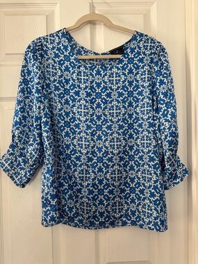 Blue & White Floral Print Blouse | 3/4 Sleeve | Size L